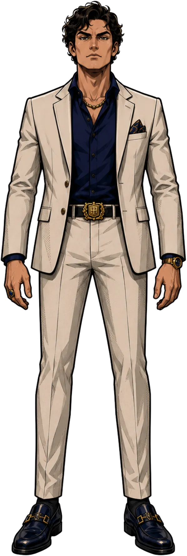 El Heredero: hombre joven con traje claro, camisa azul marino abierta, cinturón con escudo dorado y mocasines oscuros.
