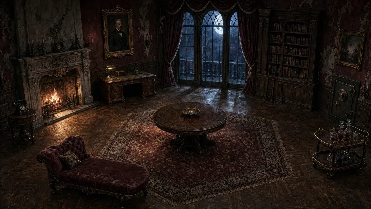 Salón de una mansión en penumbra: chimenea encendida, ventanal con lluvia, biblioteca y una mesa redonda en el centro.