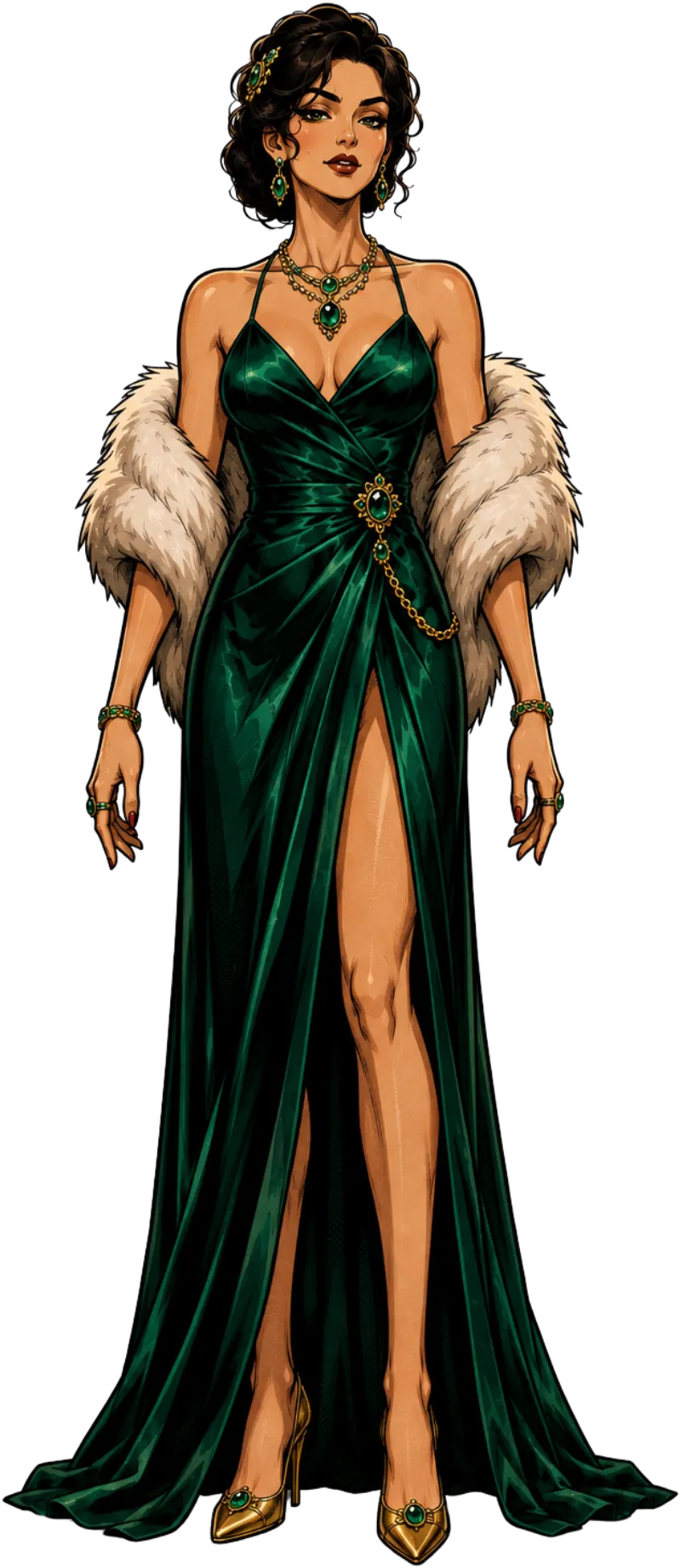 La Socialité: mujer con vestido largo de seda verde esmeralda, estola de piel clara, collar y pendientes de esmeraldas y tacones dorados.